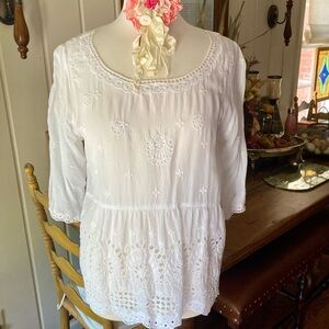 Johnny Was White Eyelet 3/4 Sleeve Top SM
